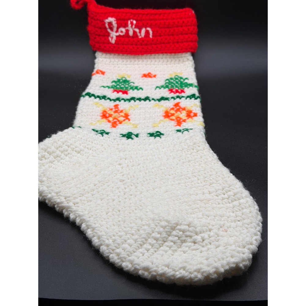 Vintage Handmade Crochet Christmas Stocking Personalized John Trees Snowflake‎